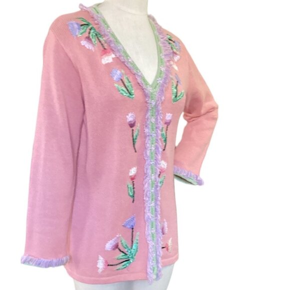 Storybook Knits Tulip Romance Cardigan Fringed Beaded Embroidered Sequins M 145L - Picture 3 of 9
